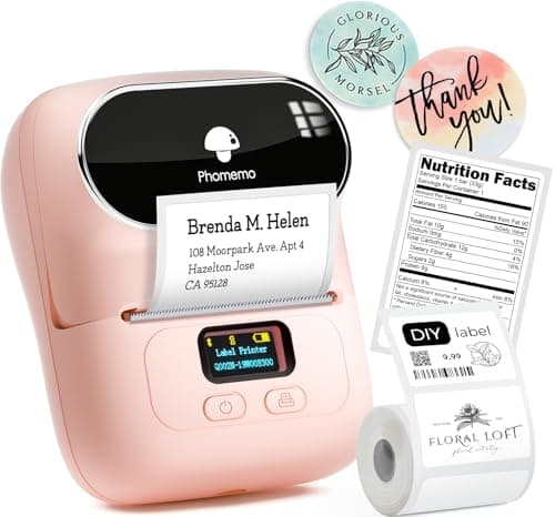 Phomemo Label Printer M110- Small Address Label Maker Bluetooth No Ink Portable for Small Business, Address, Office, Home for Phone; for PC/Mac(USB), with 100 Labels, Baby Pink