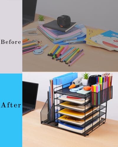 File Organizer for Desk, 6 Tier Desk Organizer Paper Tray with File Holder Pen Holder, Mesh Office Desk Accessories & Workspace Organizers (Black) 5