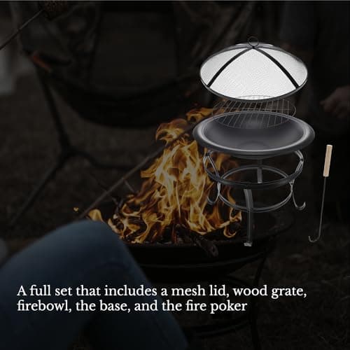 Gas One 22 in Outdoor– Wood Burning Fire Pit with Mesh Lid and Fire Picker – Durable Alloy Steel Fire Pits for Outside – Small Fire Pit for Backyard, Porch, Deck, Camping, BBQ 6