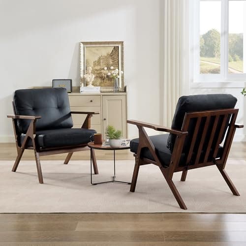STHOUYN Black Leather Office Accent Chair Set of 2, Office Lounge Chair with Wooden Arms, Mid Century Modern Chair, Side Arm Chairs for Living Room, Comfy Guest Waiting Room Chairs (2, Black) 9