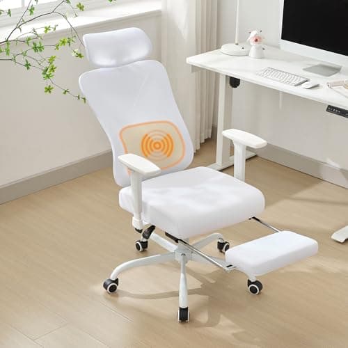 Qulomvs Massage Office Chair with Foot Rest, Massage Reclining Chairs, Ergonomic Home Office Desk Chair with Wheels, Vibration Massage Chair,Adjustable Mesh Chair for Home Office Gaming (White)