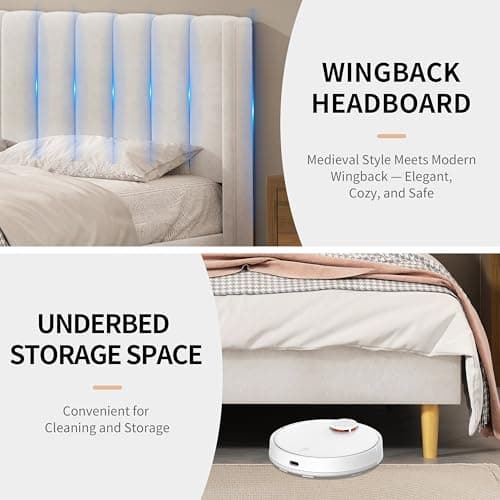 QNZK Queen Size Upholstered Platform Bed Frame with Modern Wingback & Vertical Panel Headboard, Velvet Fabric, Wooden Legs & Slats Support, No Box Spring Needed, Noise-Free & Easy Assembly, Cream 5