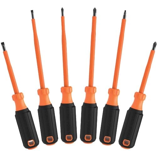 Klein Tools 85076INS Insulated Screwdriver Set, Made in USA, features 1000V Electricial Screwdrivers, (3) Phillips and (2) Slotted and Square Tips, 6-Piece