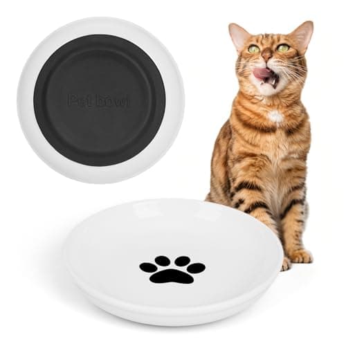 Ceramic Cat Food Bowls - 2 Pack Shallow Plates for Wet Food, Whisker-Friendly Feeding Dish with Non-Slip Silicone Base, Microwave & Dishwasher Safe for Indoor Cats & Kittens