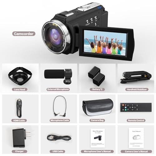 CUTELULY Video Camera Camcorder,HD 1080P 30FPS 36MP 270 Degree Rotation,16X Zoom Digital Camera, Night Vision Vlogging Camera for YouTube with External Microphone,Lens Hood, Remote Control, Stabilizer 9