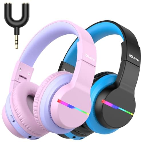 iClever BTH12 Kids Bluetooth Headphones 2 Pack,Colorful LED Lights,74/85dBA Safe Volume,85H Playtime,Bluetooth 5.2,Over Ear Kids Headphones Built-in Mic for iPad/Tablet/Airplane, Pink & Black