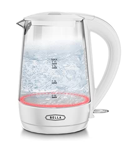 BELLA 1.7 Liter Glass Electric Kettle, Quickly Boil 7 Cups of Water in 6-7 Minutes, Soft Red LED Lights Illuminate While Boiling, Cordless Portable Water Heater, Carefree Auto Shut-Off, White