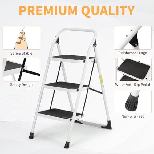 Winado 3 Step Ladder, Folding Step Stool with Wide Anti-Slip Pedal, Lightweight Convenient Handgrip Sturdy Steel Ladder, Portable Steel Step Stool 330 LB Capacity 2