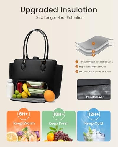 LOVEVOOK Lunch Tote Bag for Women, 2-in-1 Work Tote Bag with Lunch Compartment, Insulated Lunch Bag & 15.6 Inch Laptop Bag for Women, Ideal for Teacher, Nurse and Camping Use, Black 2