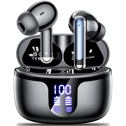 wireless earbuds bluetooth 5.4 Headphones 42h Duration Playback for running/fitness/office use. Equipped with 4 noise cancelling microphones, IPX6 waterproof and LDE battery display screen Black