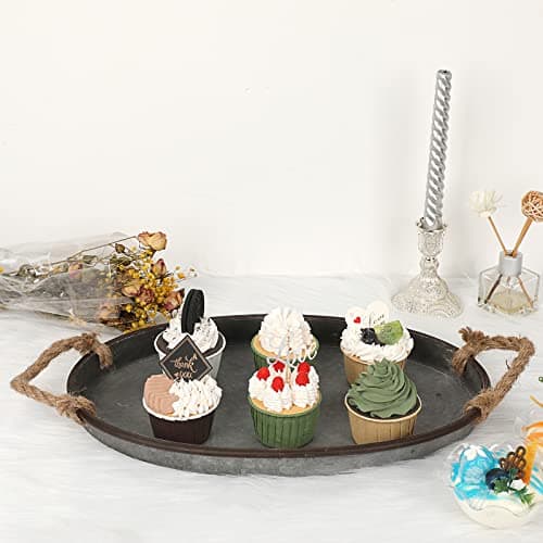 Hipiwe Galvanized Metal Iron Oval Tray with Rope Handle Farmhouse Serving Tray Rustic Industrial Decorative Centerpiece for Coffee Table Weddings and Parties Decor, Large 5