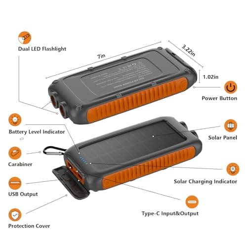 Solar Charger Power Bank 49,800mAh Portable Solar Phone Charger with 2 USB-A and Type-C Interface, 15W Fast Charging for iPhone, Samsung etc. Portable Battery Charger with Dual Flashlight for Camping 9