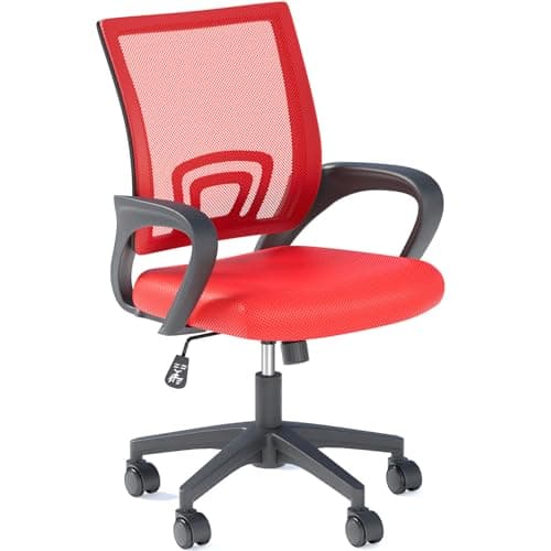 OS MOTOR Home Office Chair, Ergonomic Mid-Back Mesh Desk Chair with Lumbar Support, Adjustable Swivel Rolling Design, Comfy Armrest for Work, Study, Gaming, Vanity, Red