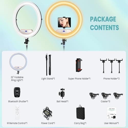 MACTREM 22" Foldable Ring Light with Stand for iPhone ipad, 75" Tripod with Wheels 50W 6500K LED Display/2 USB Ports Large Ringlight Rolling, Tattoo Barber Makeup Studio Video Photography Lighting 9