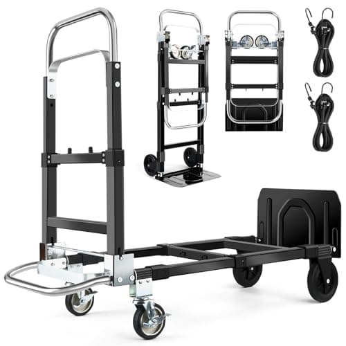 3 in 1 Convertible Hand Truck Dolly with Brakes,Heavy Duty Folding Hand Truck with 600LB Capacity,Portable Dolly Cart with Rubber Wheels and Telescoping Handles for Moving(Black)