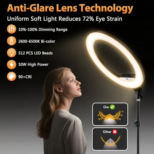 22'' Ring Light with 75'' Tripod Stand, LED Display/2 USB Ports/6500K Dimmable Ring Light for ipad Phone Holder for Tattoo Lash Live Makeup Video Recording TikTok Barber Stylist Photography 7