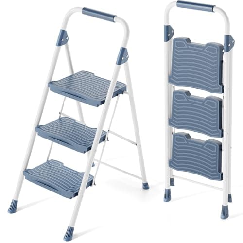 KINGRACK 3 Step Ladder, 900lbs Sturdy Step Stool with Handrail, Non-Skid Wide Pedals, Foldable 3 Stepladder with Safety Locking for Home, Garage, Garden, Office, Blue