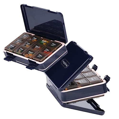 Rinten Pill Organizer 3 Times a Day, Weekly Pill Box Medicine Organizer Box, Travel Double Side 7 Day Pill Case with Backup One Day Hold, for Fish Oils, Vitamin Holder Supplement
