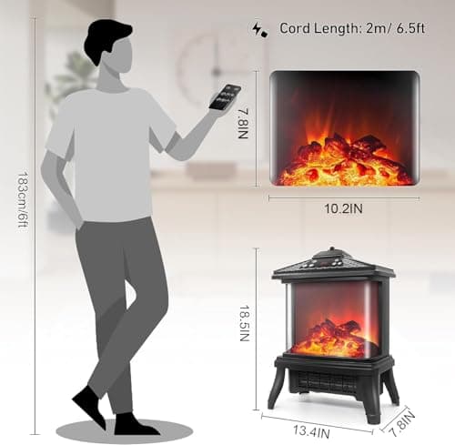 3 Sided Electric Fireplace Heater 1500W Portable 18" Freestanding Stove Heater Realistic 3D Flame Effect 7 Colors Space Heater 12H Timer Overheating Protection with Remote for Indoor Use 5