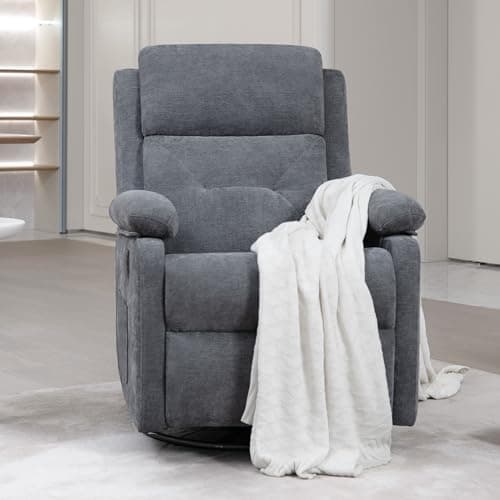 Swivel Rocker Recliner Chair with Adjustable Backrest and Footrest, Ultra-Comfy Fabric Reclining Chair, Glider Recliner with Lumbar Support & Overstuffed Arms, Chairs for Living Room (Grey)