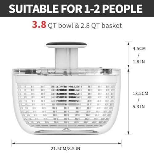 Smile mom Salad Spinner Small Lettuce Spinner Kitchen Gadgets Vegetable Washer, High Efficiency for Home Kitchen Washing & Drying Leafy Vegetables, One-Handed Handle Easy Press 3.8 Qt White 9