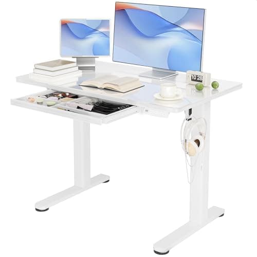 INNOVAR Glass Standing Desk with Drawers, 40 x 24 Inches Electric Height Adjustable Desk, Tempered Glass Top Stand Up Desks for Home and Office, White