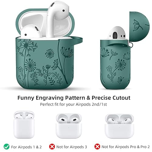 Lerobo Flower Engraved Cover for AirPods Case, Stylish Soft Silicone Protector with Keychain Compatible with Apple AirPod 1st/2nd Generation Charging Case, Front LED Visible, Pine Green 8