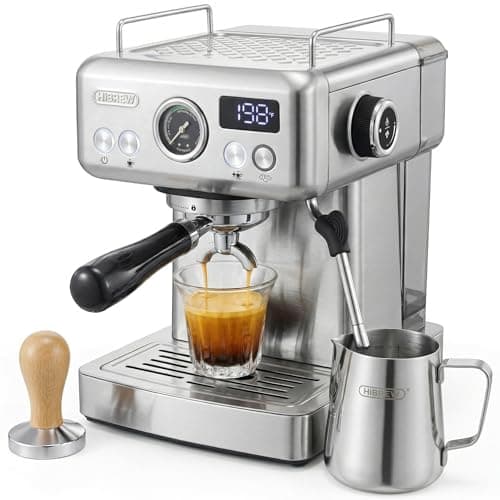 HIBREW H10A - 58mm Espresso Machine, Stainless Steel Body with Milk Frother, Customizable Settings, Smart Display + 20 Bar Pressure Gauge.