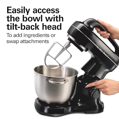 Hamilton Beach Electric Stand Mixer, 4 Quarts, Dough Hook, Flat Beater Attachments, Splash Guard 7 Speeds with Whisk, Easy-Carry Top Handle, Black 7
