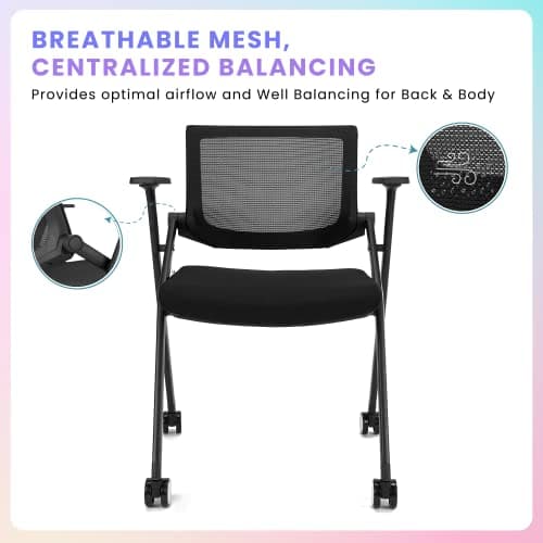 BROBRIYO 2 Pack Stackable Conference Room Chairs with Wheels and Paddle, Ergonomic Mesh Back and Arms for Meeting, Conference, Reception, Training Room & Home Office Desk Folding Chairs 8