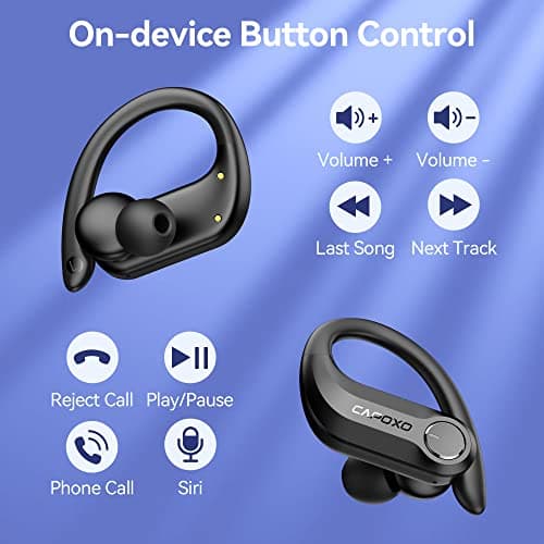 CAPOXO Bluetooth Headphones Wireless Earbuds 120Hrs Playtime Ear Buds IPX7 Waterproof Sports Earphones 2600mAh Wireless Charging Case Headset with Over-Ear Earhooks LED Power Display Mics for Workout 5