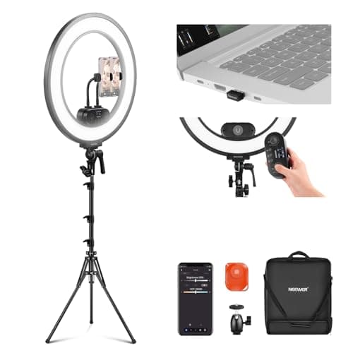 NEEWER 18 Inch Edge Lit Ring Light with Tripod Stand Phone Holder Compatible with iPhone for Video Recording Selfie Makeup Studio Streaming, 45W 2900-7000K APP 2.4G Control Ringlight Lighting, RL45B