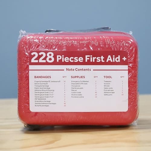 Compact First Aid Kit (228pcs) Designed for Family Emergency Care. Waterproof EVA Case and Bag is Ideal for The Car, Home, Boat, School, Camping, Hiking, Office, Sports. Protect Your Loved Ones. Red 8