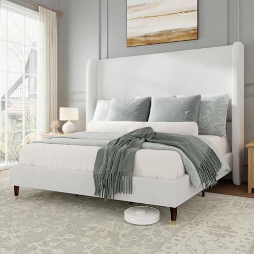 Jocisland King Upholstered Platform Bed Frame with 51.2" Tall Wingback Headboard–Solid Wood Legs, No Box Spring Needed, White Linen–Modern Style for Any Bedroom