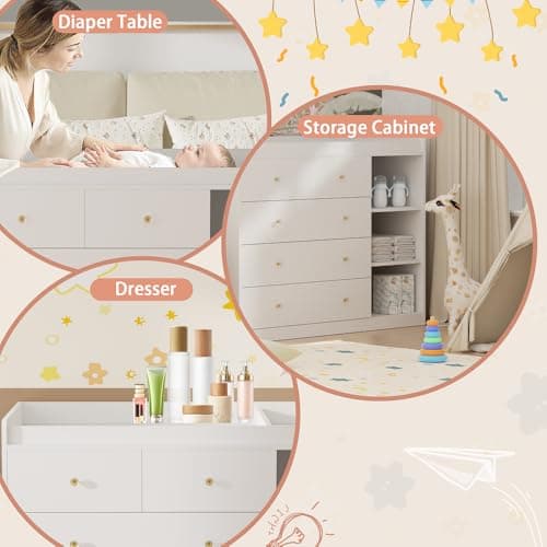 QUNTTINA Baby Changing Table Dresser Diaper Change Table with 5 Drawers Storage Changing Station Dresser for Infant Mobile Nursery Organizer for Newborn,White 7