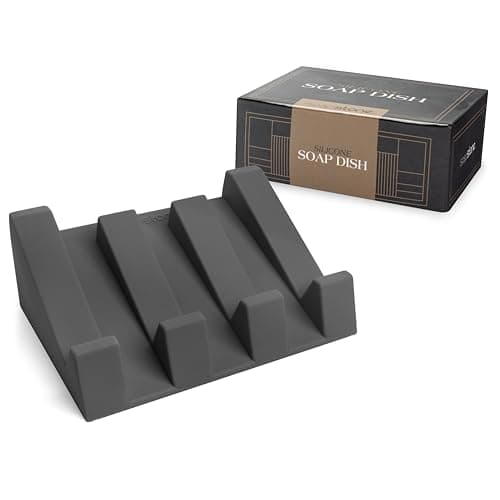 iSoapStone Silicone Soap Dish (USA Patented) Self Draining Bar Soap Holder for Shower Bathroom Sink, Drying Soap Dish Tray Kitchen Sponge Holder Easy Cleaning Soap Saver Mat (Dark Grey, 1)