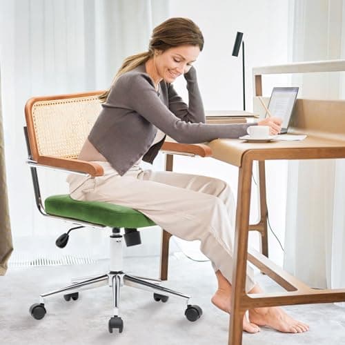 BALIAA Rattan Office Chairs, Modern Rattan Desk Chair with Natural Back & Wood Armrest, Small Upholstered Tufted Leather Home Office Desk Chairs for Home Office, Bedroom, Study, Green 7