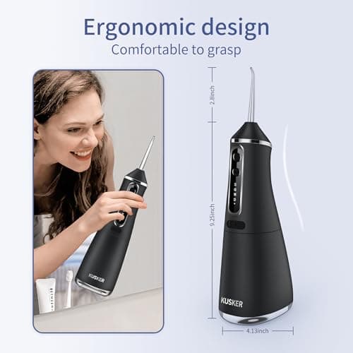 Water Dental Flosser Cordless, KUSKER 500ML Portable Oral Irrigator for Teeth, 5 Modes and 4 Jet Tips, IPX7 Waterproof, Rechargeable for 30-Days Use, Home, Travel, Braces(Black) 6