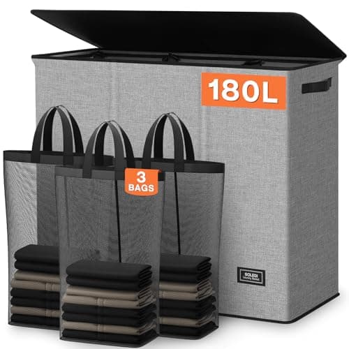 SOLEDI 180L Laundry Hamper 3 Section, Extra Large Laundry Hamper with Lid, Dirty Clothes Hamper with Sturdy Handle, Large Laundry Basket Organizer for Laundry Room, Bedroom, Hampers for Laundry