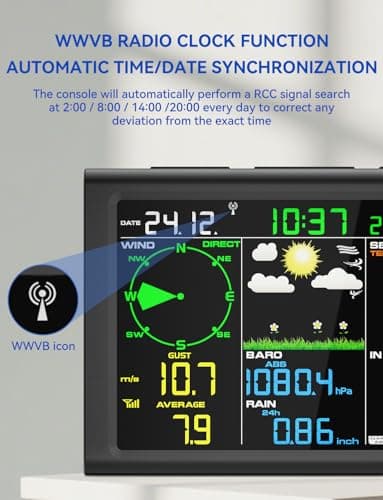 AIRAIN TECH 10-in-1 Wireless Weather Station,with Outdoor Sensor,Rain Gauge,Atomic Clock,Wind Speed/Wind Direction,Indoor Temperature and Humidity,Barometer,Weather Forecast, etc.(NO WiFi) 6