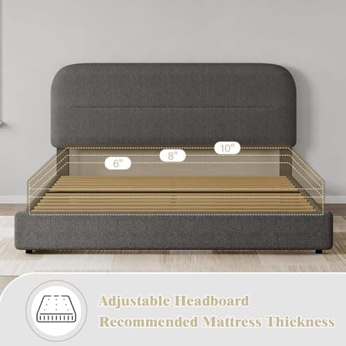 HOMBCK Queen Bed Frame with Headboard, Boucle Upholstered Soft Platform Bed Frame Queen Size with Thickened Footboard, Rounded Corners Design, No Box Spring Required, Easy Assembly, Grey 7