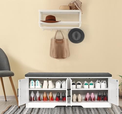 HOMSHO 2-Tier Storage Bench, 47.2" Wide Shoe Bench with Padded Seat Cushion, Entryway Bench with 4 Barn Doors and Adjustable Shelf, White 7