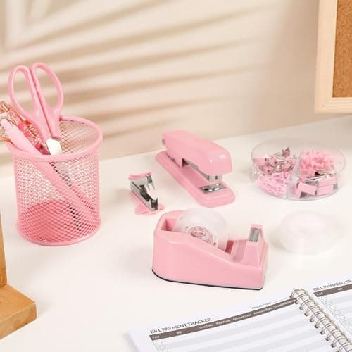 SKYDUE Pink Office Desk Accessories, Pink Office Supplies, Stapler, Tape Dispenser, Scissors, Clips and 1000pcs Staples,Office Supplies for Desk for Women 7