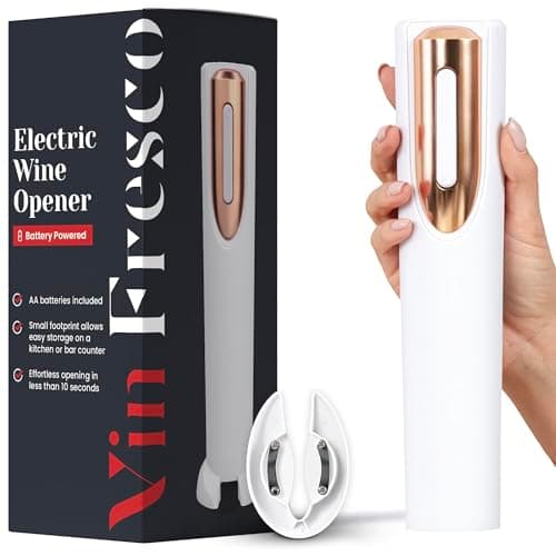 Electric Wine Opener Battery Operated with Stand and Built-in Foil Cutter - Automatic Wine Opener - Electric Corkscrew for Easy Cork Removal - Best Gift for Wine Lover (White & Rose Gold)