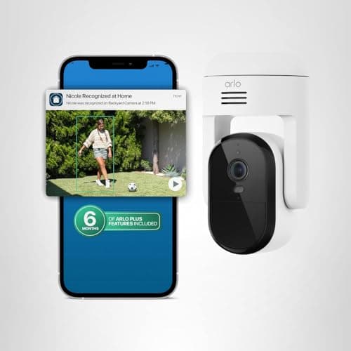 Arlo Essential Pan Tilt Security Camera 2K + 6 Months of Secure Plus Plan - Wired Plug-in Power Outdoor Camera, Person Recognition, Package Detection, Animated Preview, Auto Motion Tracking, 1 Cam 8