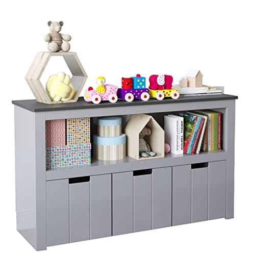SOSPIRO Kids Toy Storage Organizer with Bins, Cabinet with Bookshelf and Movable Drawers, Wooden Toy Box for Boys and Girls, Nursery, Playroom, Kids Room, Grey