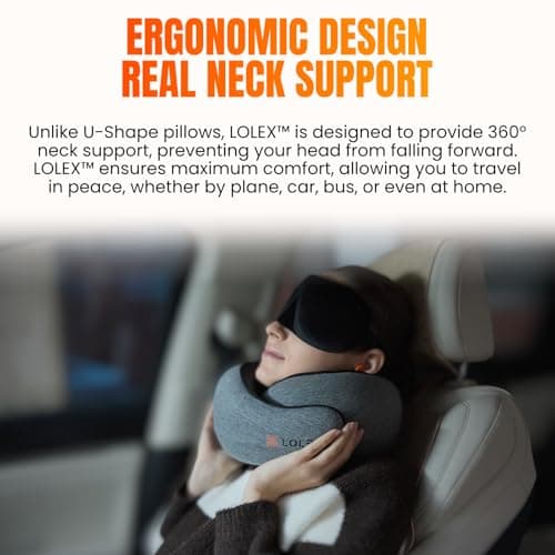 LOLEX™ Hooded Pro Travel Pillow - Memory Foam Neck Support Pillow for Airplane, Flight - Super-Soft Pure Cotton Fabric, Maximum Privacy & Light-Block Design, Lightweight Full Travel Kit - Light Grey 7