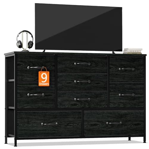 Furnulem Dresser for Bedroom with 9 Large Drawers for 55'' Long Chest TV Stand Entertainment Center, Wood Shelf Storage for Living Room, Dorm, Closet, Entryway, Sturdy Metal Frame(Black Oak)