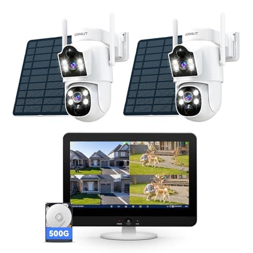 VORGUT Solar Camera Outdoor Wireless, 2pcs 4MP+ 4MP Dual Lens Solar Cameras for Home Security System with 12'' Monitor 16CH NVR, 360° PTZ, 2.4G/5G WiFi, Human Detection, Color Night Vision, 500G HDD