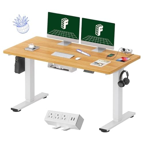 FLEXISPOT EN2 Whole-Piece Standing Desk with Clamp Power Strip, 55 x 28 Electric Stand Up Height Adjustable Desk with Cable Management (White Frame + 55" Maple Top, 2 Packages)